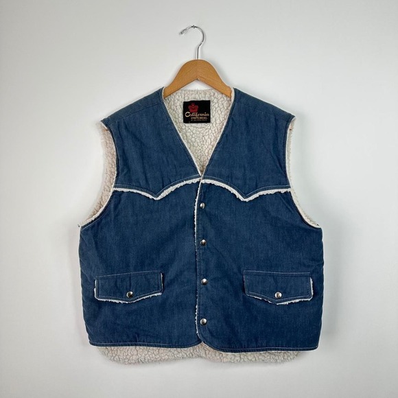 80s California Imperial Denim Vest Sherpa Lined Western Jean Sleeveless Jacket - Picture 1 of 8